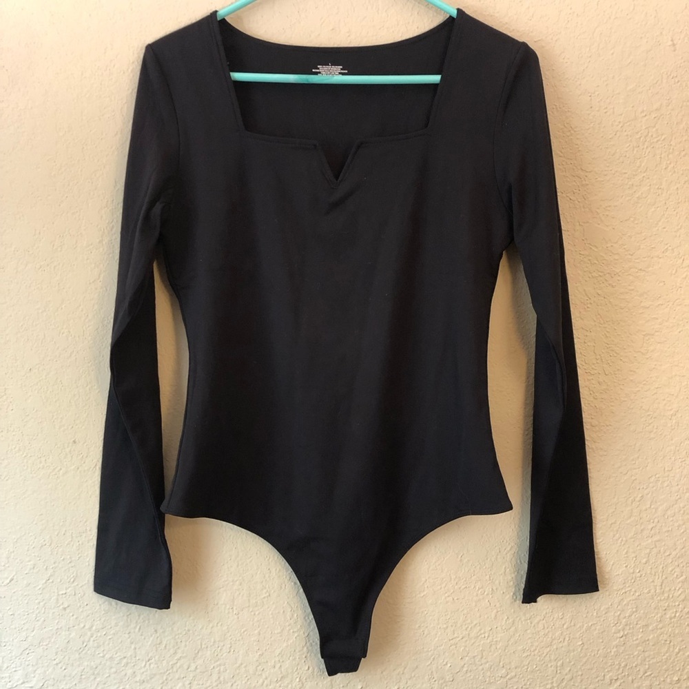 Women's Large Black Long Sleeve Bodysuit Square Neckine